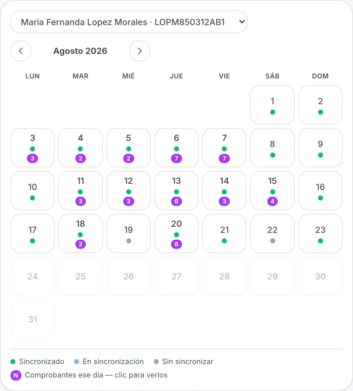 Calendario de sincronización de Flik CFDI mostrando días respaldados con el SAT y cuántos comprobantes tiene cada uno